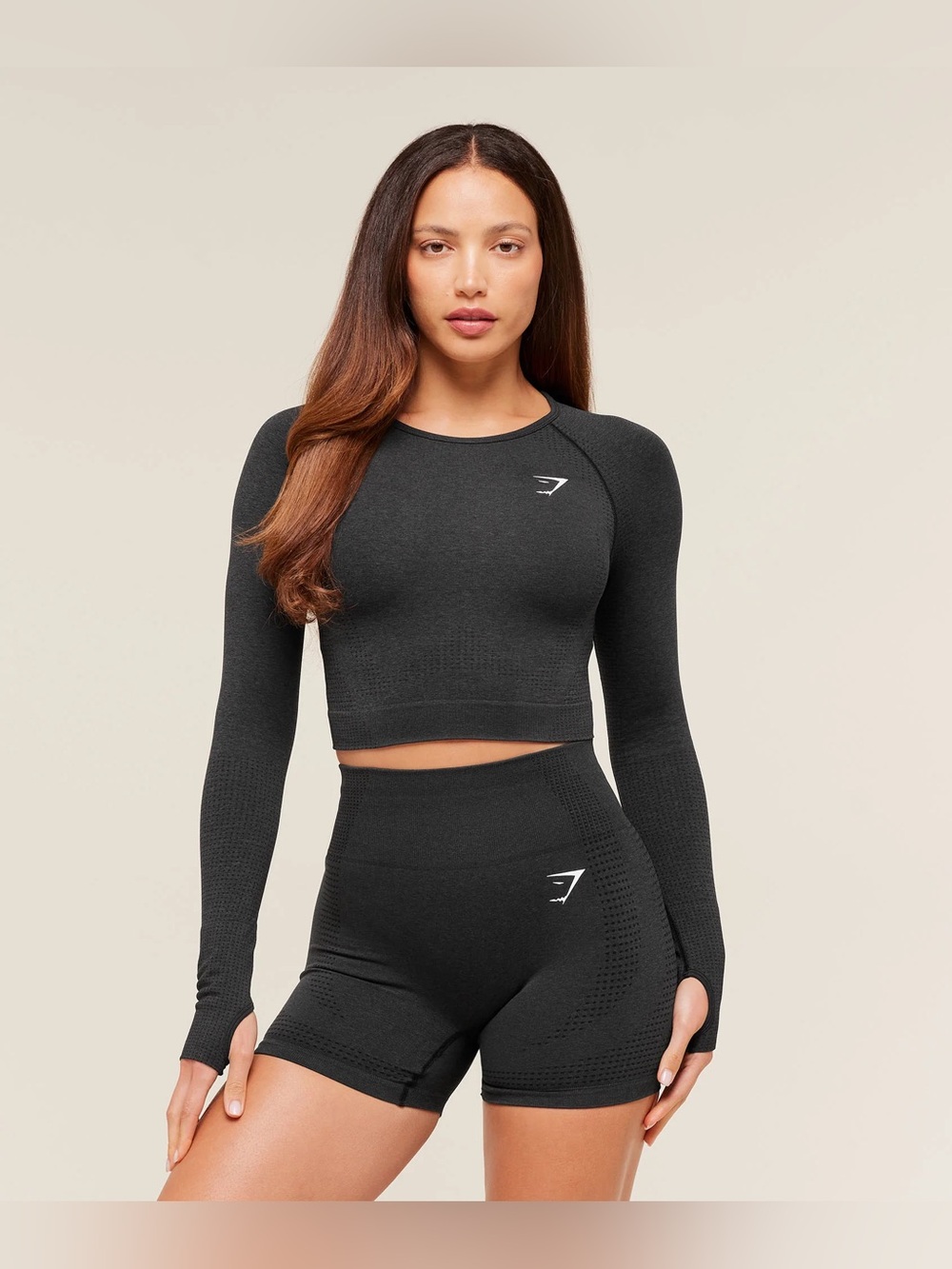 Gymshark Black Seamless Long Sleeve Crop Top & High-Waist Shorts Set